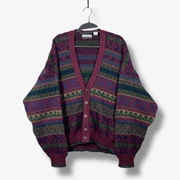 Vintage Aflani Knit Cardigan Sweater Mens L Geometric Striped Retro Grandpa - Picture 1 of 6